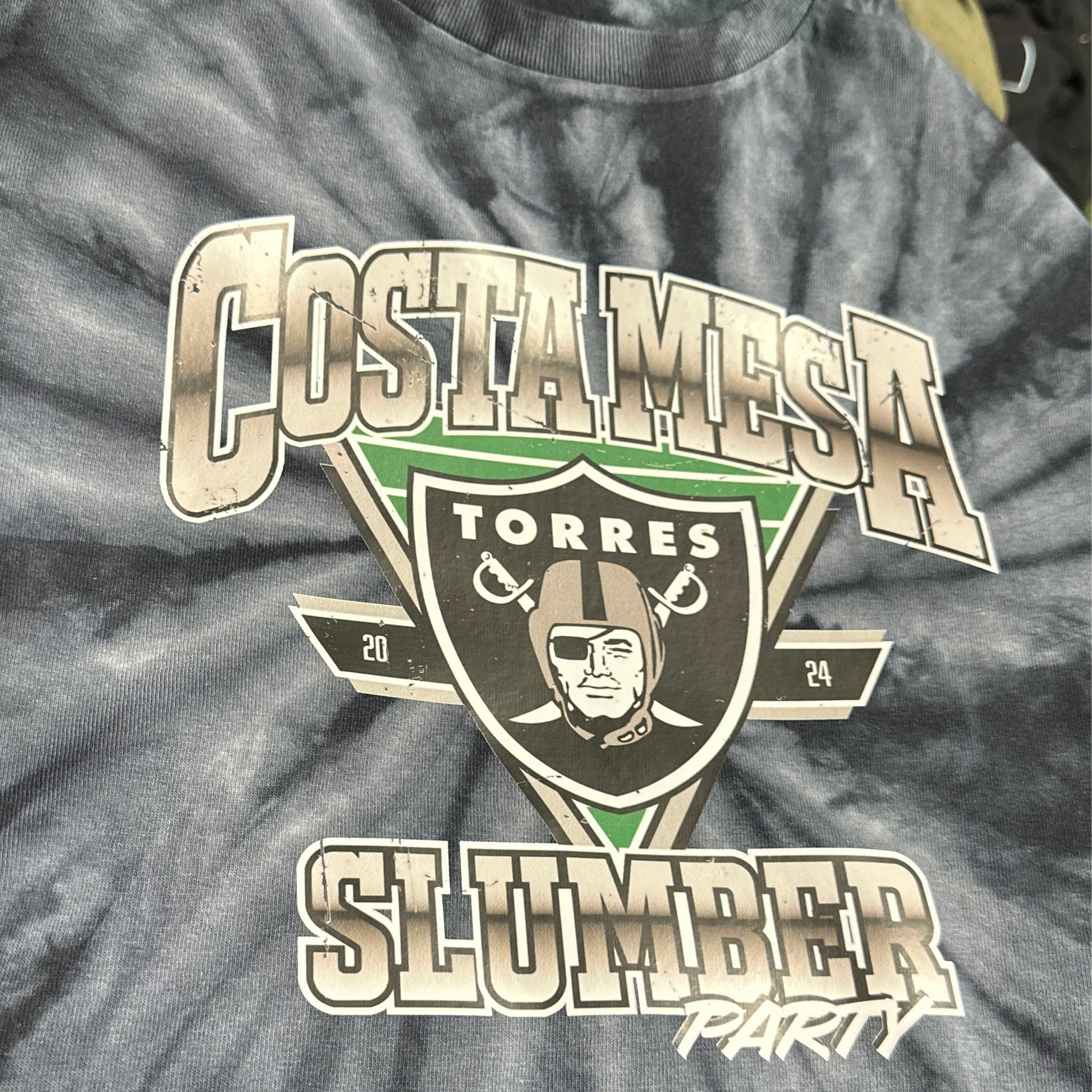 Gray tie-dye t-shirt with 'Costa Mesa Torres Slumber Party' graphic design.